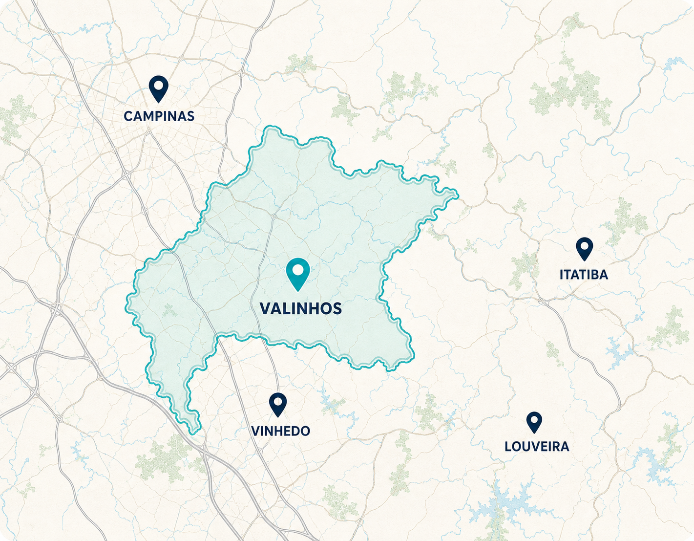 Mapa da região de Valinhos, Campinas, Vinhedo, Itatiba e Louveira